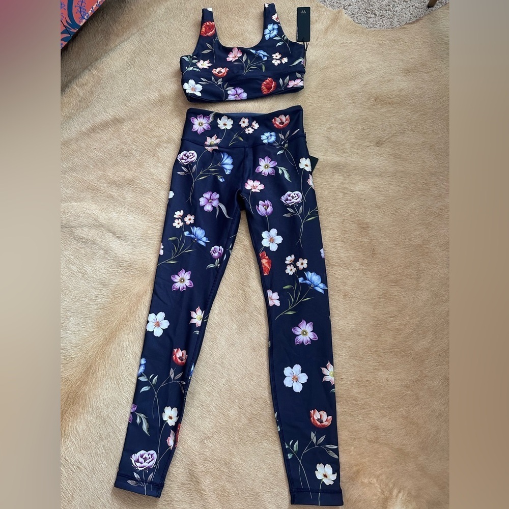 Reversible Floral Print Leggings and Top activewear Set blue tie-dye denim wash